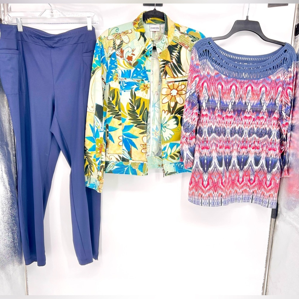 Chico's Clothing 3pc Bundle Sz 2/US 12‎ 1 Pair Of Wknds Pants, 1 Shirt, 1 Jacket
